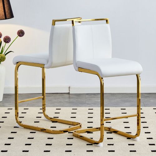 Lot De 2 Tabourets De Bar, Assise Et Dossier En Pu, Pieds Métal, Blanc Et Doré