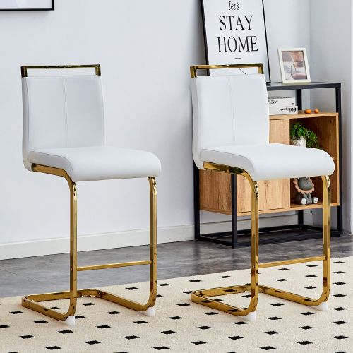 Lot De 2 Tabourets De Bar, Assise Et Dossier En Pu, Pieds Métal, Blanc Et Doré