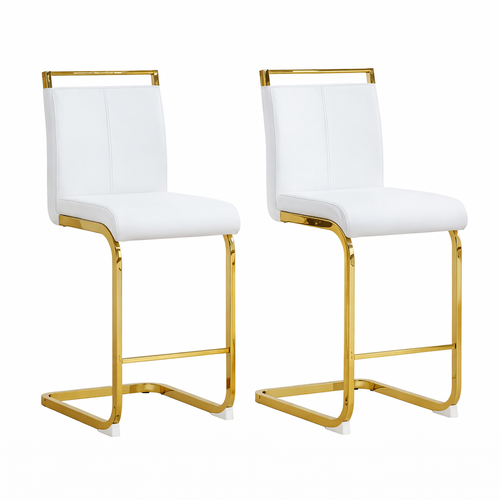 Lot De 2 Tabourets De Bar, Assise Et Dossier En Pu, Pieds Métal, Blanc Et Doré