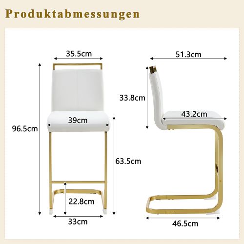 Lot De 2 Tabourets De Bar, Assise Et Dossier En Pu, Pieds Métal, Blanc Et Doré