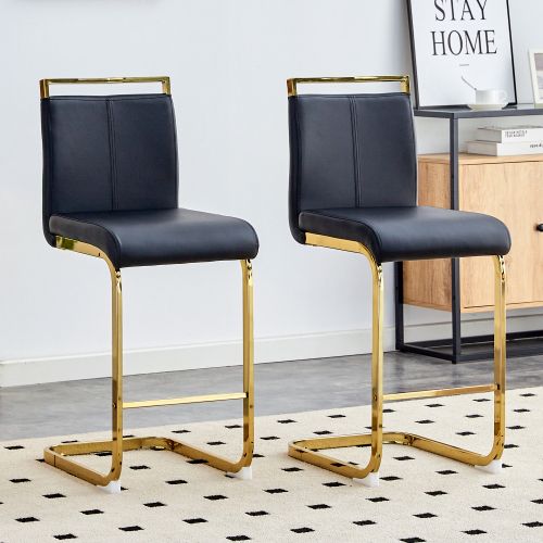 Lot De 2 Tabourets De Bar, Assise En Pu, Pieds Métal, Noir Et Doré