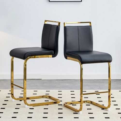 Lot De 2 Tabourets De Bar, Assise En Pu, Pieds Métal, Noir Et Doré