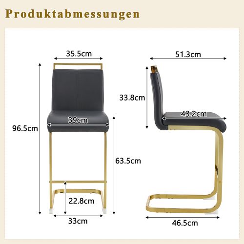 Lot De 2 Tabourets De Bar, Assise En Pu, Pieds Métal, Noir Et Doré