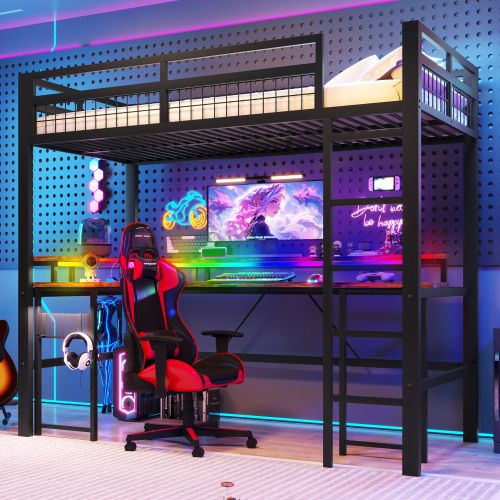 Lit Mezzanine 90x200 Cm, Avec Bureau, LED Et Ports USB Et Type-c, En Métal, Noir