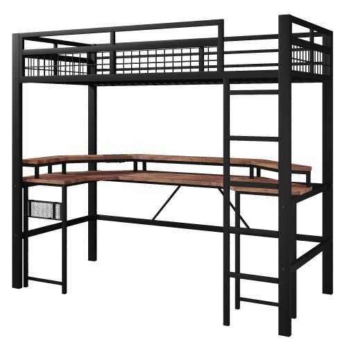 Lit Mezzanine 90x200 Cm, Avec Bureau, LED Et Ports USB Et Type-c, En Métal, Noir