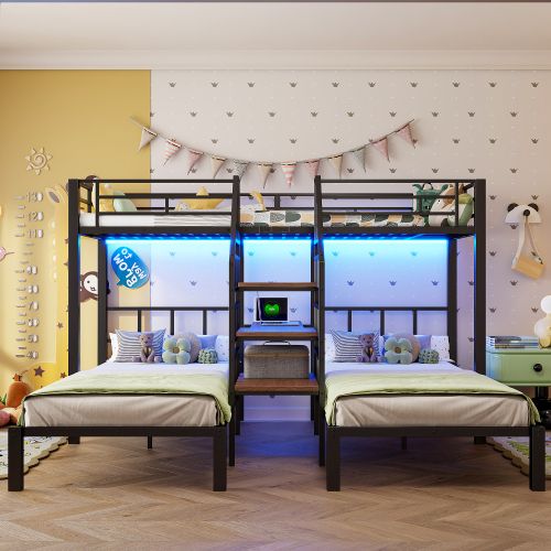 Lit Superposé 90x200 Cm, Avec LED Et Ports USB Et Type-c, En Métal, Noir