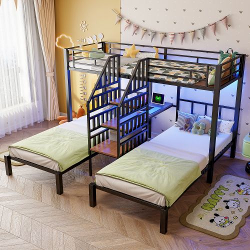 Lit Superposé 90x200 Cm, Avec LED Et Ports USB Et Type-c, En Métal, Noir