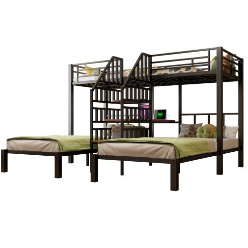 Lit Superposé 90x200 Cm, Avec LED Et Ports USB Et Type-c, En Métal, Noir