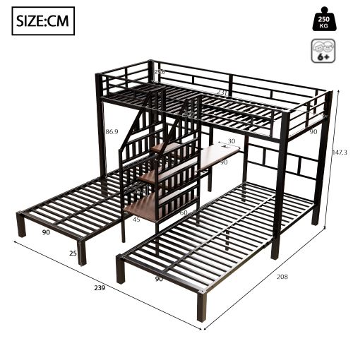 Lit Superposé 90x200 Cm, Avec LED Et Ports USB Et Type-c, En Métal, Noir