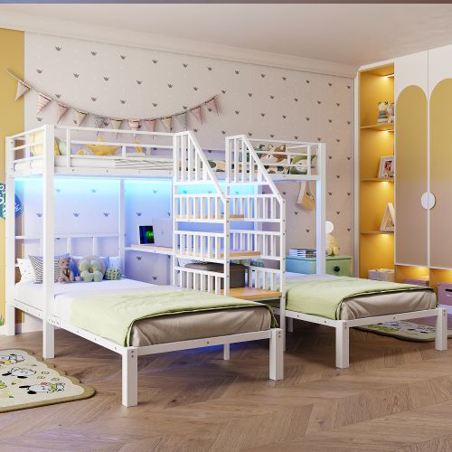 Lit Superposé 90x200 Cm, Avec LED Et Ports USB Et Type-c, Avec Bureau, En Métal, Blanc