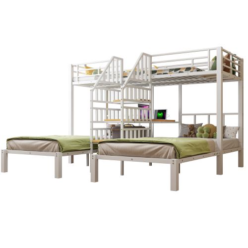 Lit Superposé 90x200 Cm, Avec LED Et Ports USB Et Type-c, Avec Bureau, En Métal, Blanc