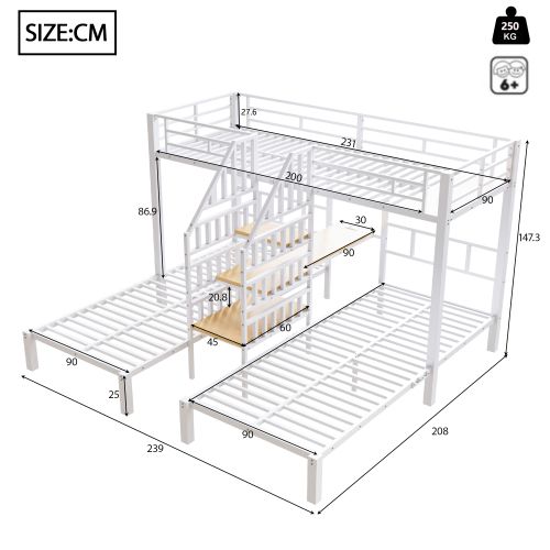 Lit Superposé 90x200 Cm, Avec LED Et Ports USB Et Type-c, Avec Bureau, En Métal, Blanc