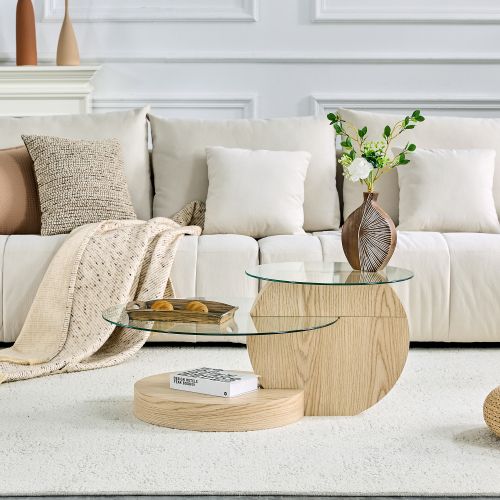 Table Basse Ronde Transparent Et Bois, Design à Deux Niveaux En Verre