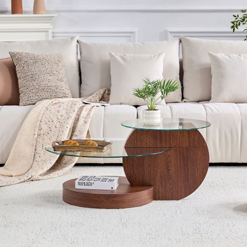 Table Basse Ronde Noyer Et Transparent, 2 Niveaux En Mdf Et Verre