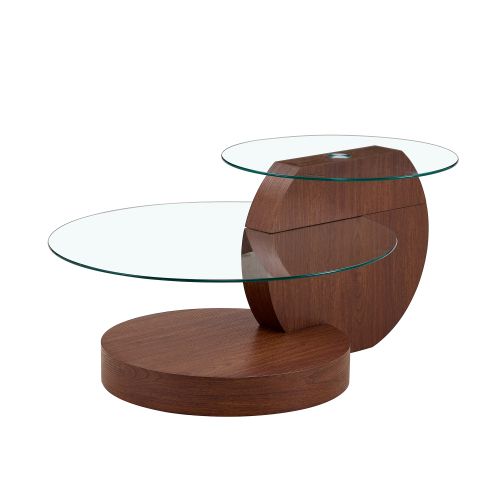 Table Basse Ronde Noyer Et Transparent, 2 Niveaux En Mdf Et Verre