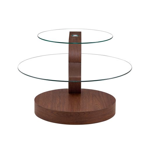 Table Basse Ronde Noyer Et Transparent, 2 Niveaux En Mdf Et Verre