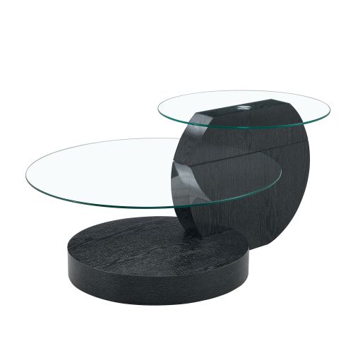 Table Basse Ronde Noire, Plateau En Verre Transparent, 2 Niveaux