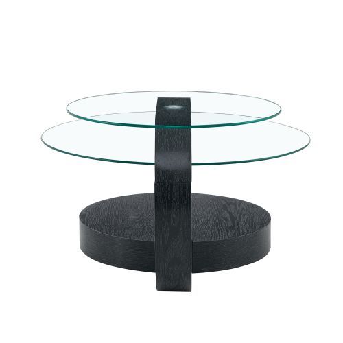 Table Basse Ronde Noire, Plateau En Verre Transparent, 2 Niveaux