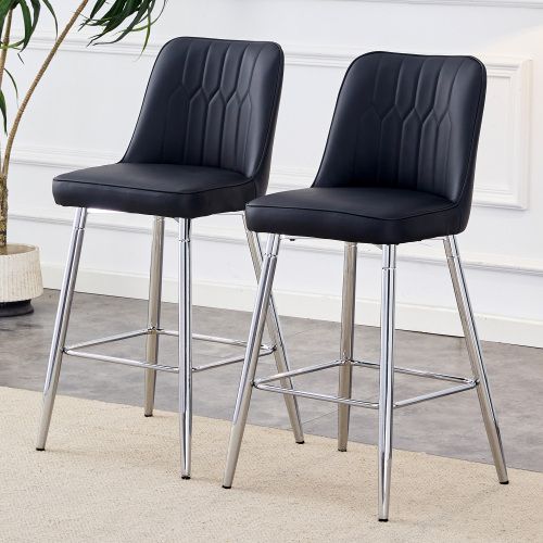 Lot De 2 Tabourets De Bar, Hauteur 100 Cm, Assise En Pu, Piètement Métal, Noir Et Argent