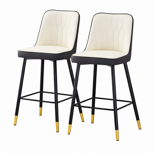 Lot De 2 Tabourets De Bar, Assise Et Dossier En Pu, Piètement Métal, Blanc Et Gris Foncé