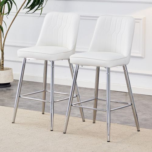 Lot De 2 Tabourets De Bar, Hauteur 100 Cm, Revêtement Pu, Piètement Métal, Blanc Et Argent