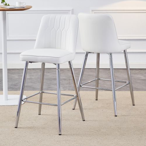 Lot De 2 Tabourets De Bar, Hauteur 100 Cm, Revêtement Pu, Piètement Métal, Blanc Et Argent