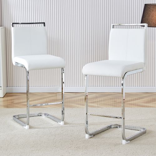 Lot De 2 Tabourets De Bar, Assise En Pu, Pieds Métal, Blanc Et Argent