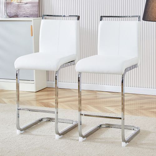 Lot De 2 Tabourets De Bar, Assise En Pu, Pieds Métal, Blanc Et Argent