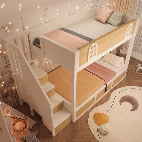 Lit Superposé Enfant 90x200 Cm Avec Escalier De Rangement Et Sommier à Lattes, Blanc Et Naturel