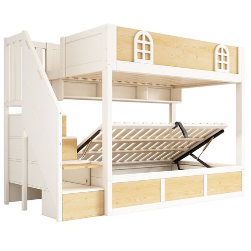 Lit Superposé Enfant 90x200 Cm Avec Escalier De Rangement Et Sommier à Lattes, Blanc Et Naturel