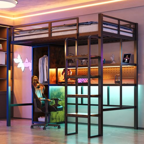 Lit Mezzanine 90x200 Cm Avec LED Et Armoire, Avec Bureau, En Métal, Noir