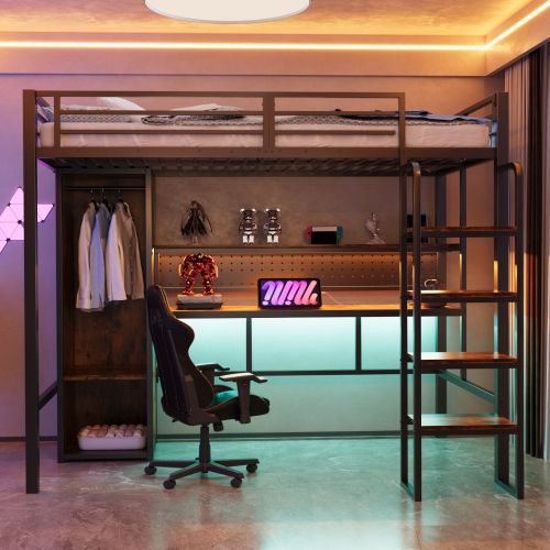 Lit Mezzanine 90x200 Cm Avec LED Et Armoire, Avec Bureau, En Métal, Noir