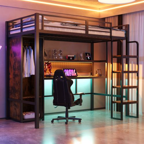 Lit Mezzanine 90x200 Cm Avec LED Et Armoire, Avec Bureau, En Métal, Noir