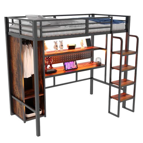 Lit Mezzanine 90x200 Cm Avec LED Et Armoire, Avec Bureau, En Métal, Noir