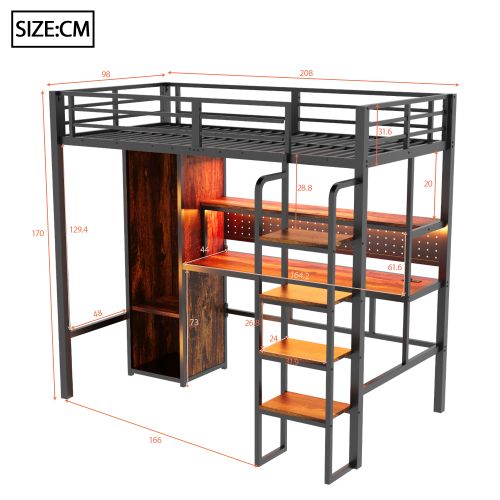 Lit Mezzanine 90x200 Cm Avec LED Et Armoire, Avec Bureau, En Métal, Noir