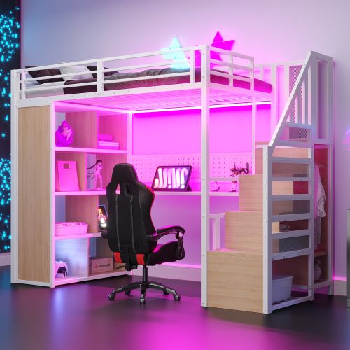 Lit Mezzanine 90x200 Cm Avec Bureau, Rangement Et LED, En Métal, Blanc