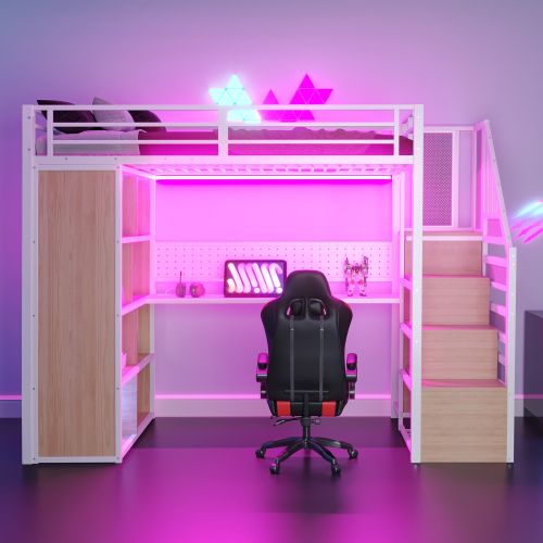 Lit Mezzanine 90x200 Cm Avec Bureau, Rangement Et LED, En Métal, Blanc