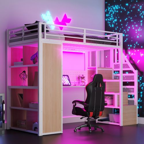 Lit Mezzanine 90x200 Cm Avec Bureau, Rangement Et LED, En Métal, Blanc