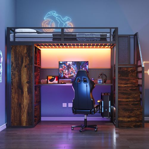 Lit Mezzanine 90x200 Cm Avec Rangement Et Bureau, LED Et Prises, En Métal, Noir