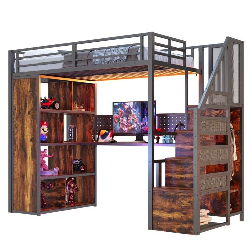 Lit Mezzanine 90x200 Cm Avec Rangement Et Bureau, LED Et Prises, En Métal, Noir