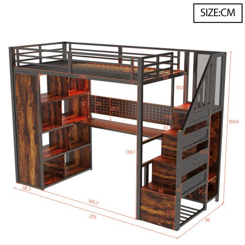 Lit Mezzanine 90x200 Cm Avec Rangement Et Bureau, LED Et Prises, En Métal, Noir