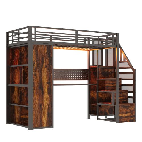 Lit Mezzanine 90x200 Cm Avec Rangement Et Bureau, LED Et Prises, En Métal, Noir