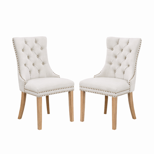 Lot De 2 Chaises De Salle à Manger, Tissu Lin Capitonné, Pieds Bois Massif, Beige