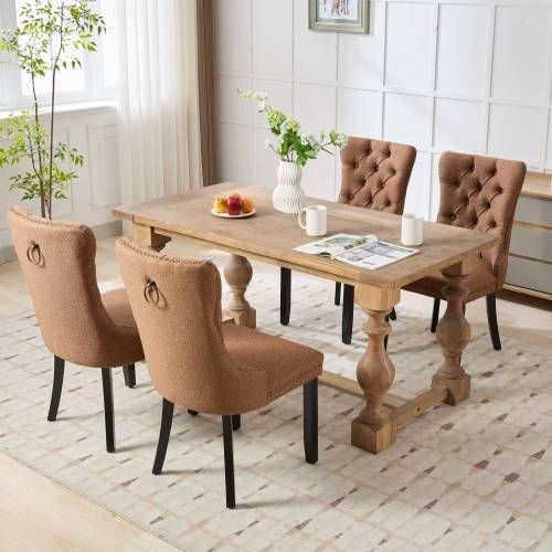 Lot De 2 Chaises De Salle à Manger, Tissu Lin Capitonné, Pieds En Bois Massif, Café