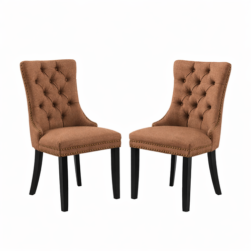 Lot De 2 Chaises De Salle à Manger, Tissu Lin Capitonné, Pieds En Bois Massif, Café