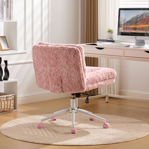 Chaise De Bureau Pivotante, Assise Large 67 Cm, Revêtement En Poils De Lapin Artificiel, Rose