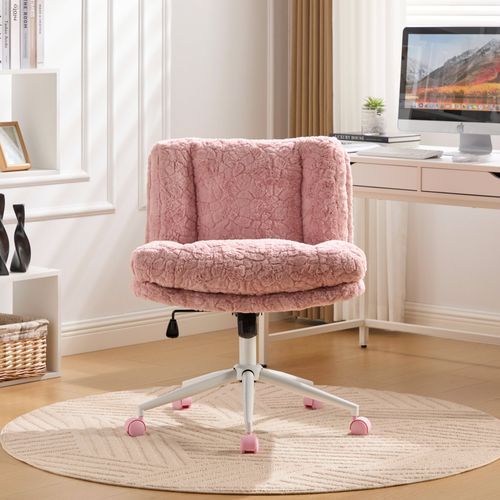 Chaise De Bureau Pivotante, Assise Large 67 Cm, Revêtement En Poils De Lapin Artificiel, Rose