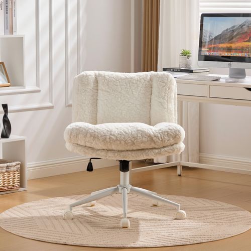 Chaise De Bureau Pivotante, Assise Large 67 Cm, Revêtement En Poils De Lapin Artificiel, Crème