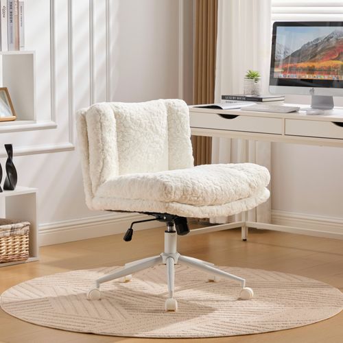 Chaise De Bureau Pivotante, Assise Large 67 Cm, Revêtement En Poils De Lapin Artificiel, Crème