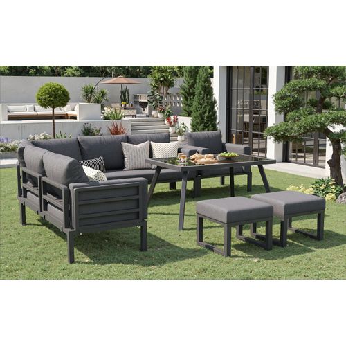 Salon De Jardin Modulable 8 Places Gris Avec Table En Verre, Acier Galvanisé